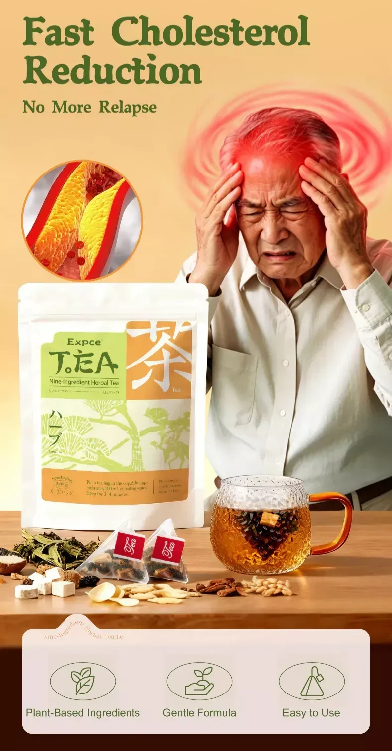 Nine-ingredient herbal tea with brewed cup and loose botanicals