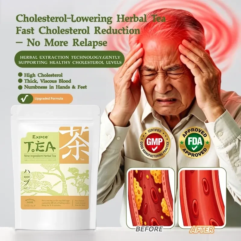 Expce nine-ingredient herbal tea pouch beside a brewed cup